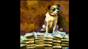 DALL·E 2023-05-09 11.59.43 - impressionist painting of dog sitting on pile of money.png