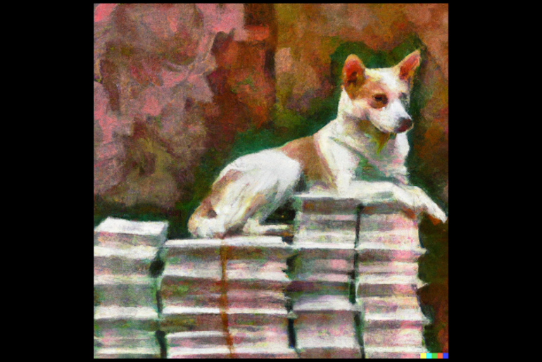 DALL·E 2023-05-09 11.59.45 - impressionist painting of dog sitting on pile of money.png
