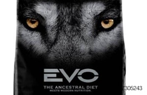 A wolf's face on front of Evo petfood packaging
