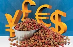 Bowl of overflowing dry kibble in front of different currency symbols